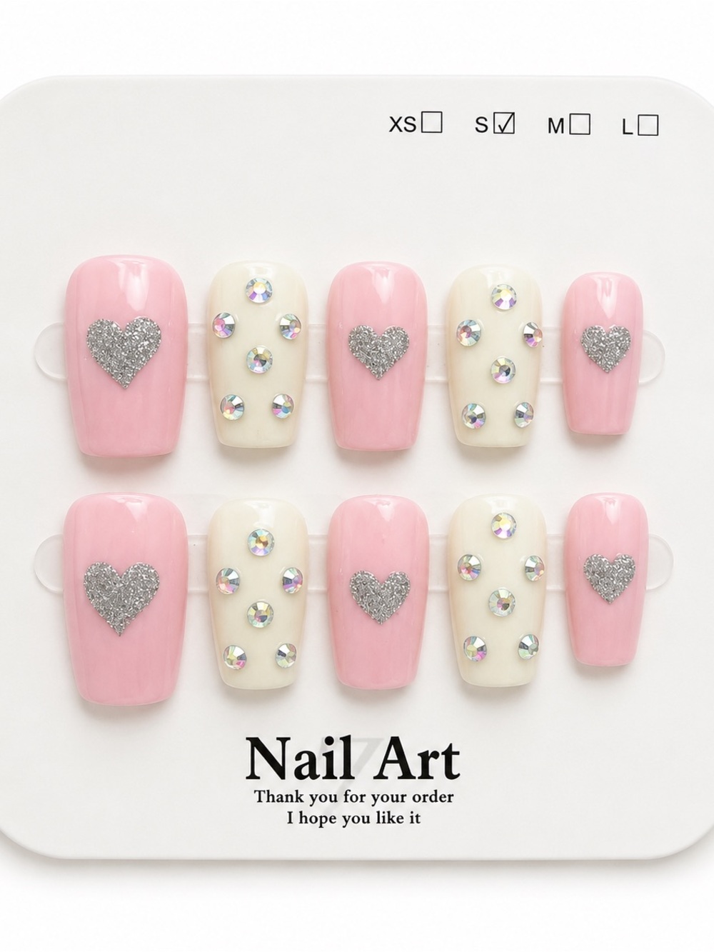 Pink & Cream Rhinestone Heart Press-On Nails